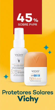 Protetores Solares da marca Vichy com destaque promocional de at&eacute; 45% sobre pre&ccedil;o de Venda ao P&uacute;blico Recomendado